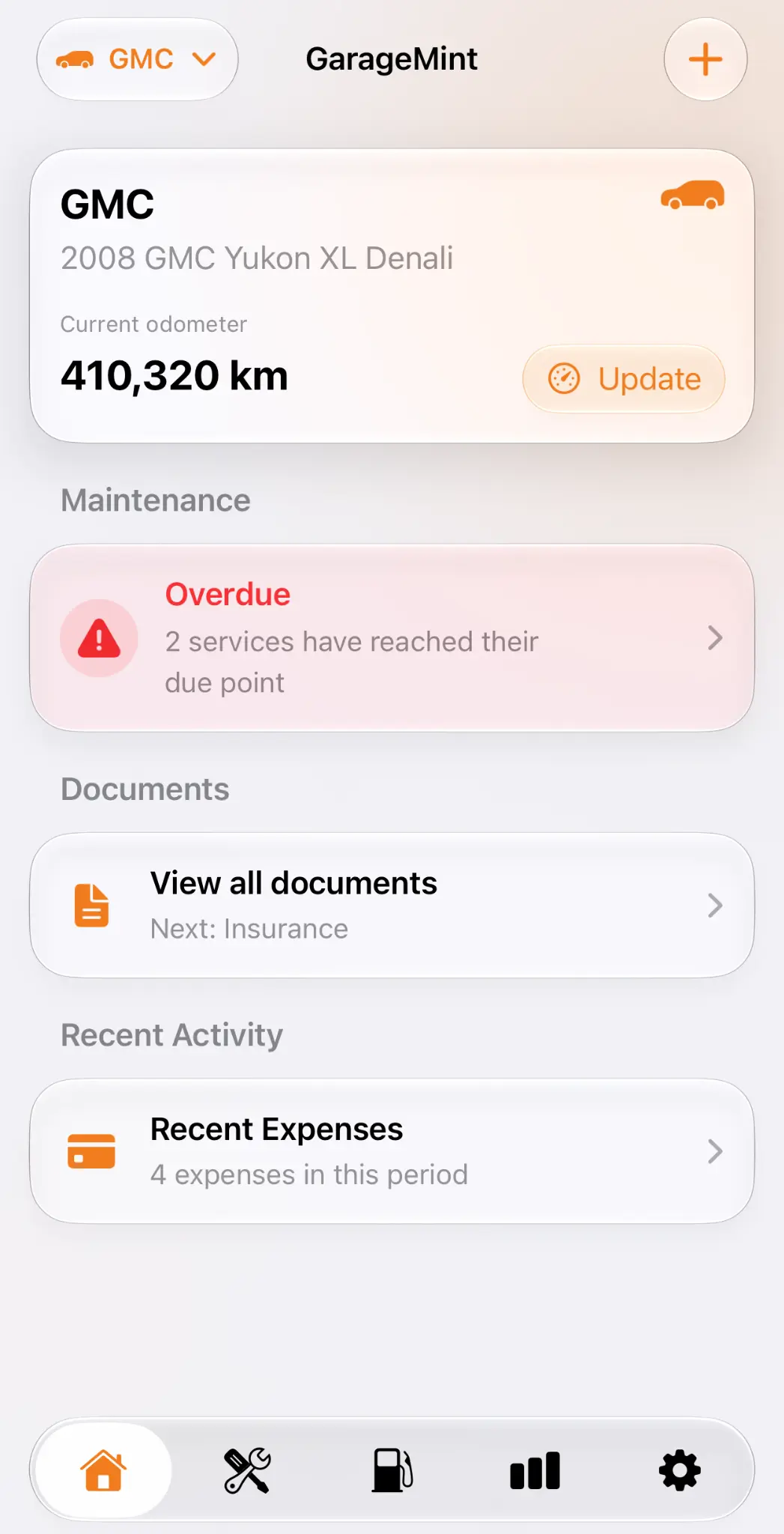 GarageMint ownership costs screen