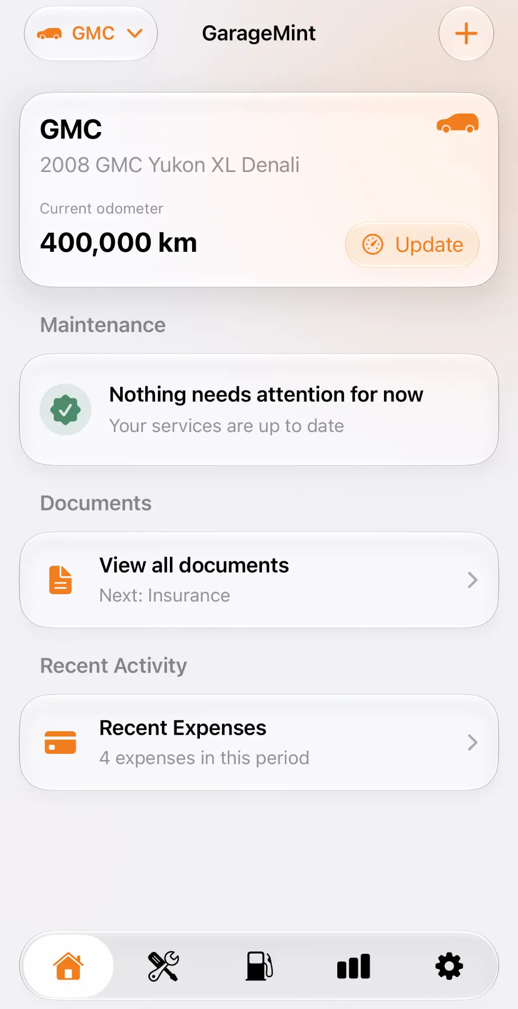 GarageMint home screen showing vehicle mileage and service overview