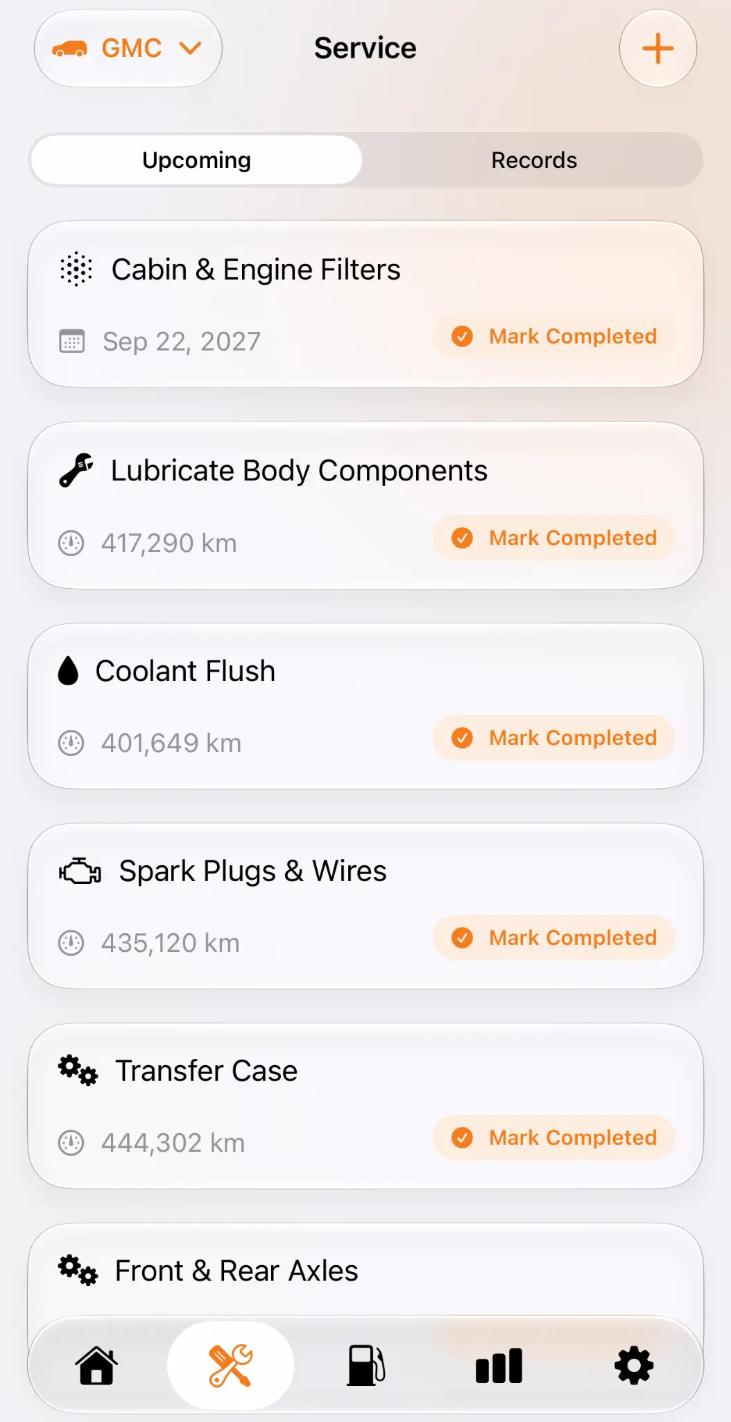 GarageMint parts replacement history screen