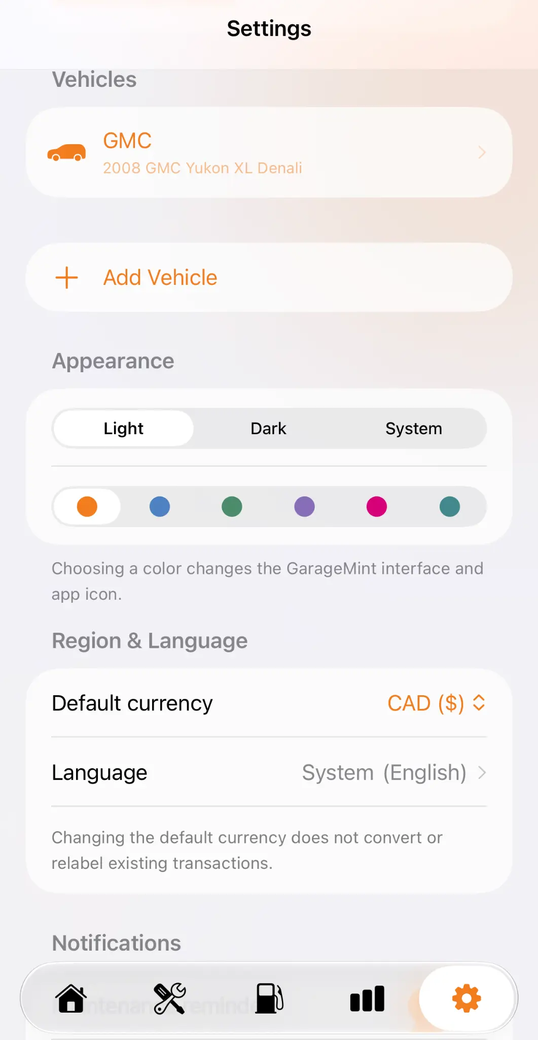 GarageMint settings screen with privacy and local data options