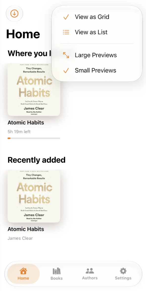 FinBooks Home library screen with audiobook shelves and playback progress
