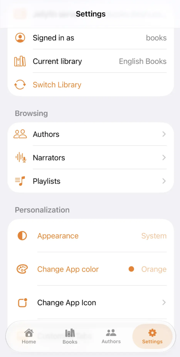 FinBooks Settings screen with library and browsing controls